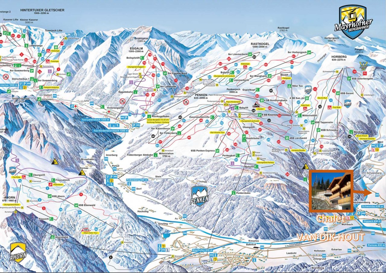 Winter plattegrond skigebied bij Chalet van Dik Hout